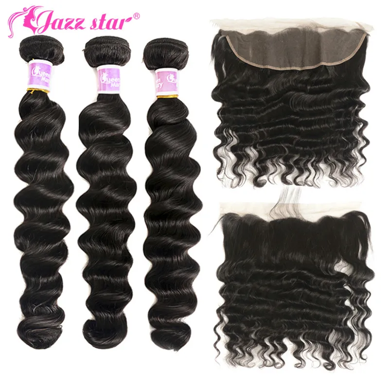 Brazilian Loose Deep Wave Bundles with Frontal Closure Middle Ratio100% Human Hair Bundles with Closure Non-Remy Jazz Star Hair