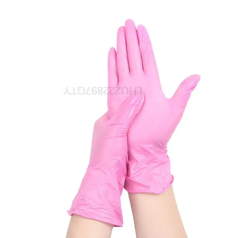 

100 шт./кор. нитриловые перчатки, розовые пищевые водонепроницаемые гипоаллергенные одноразовые рабочие защитные перчатки, домашние нитрило...