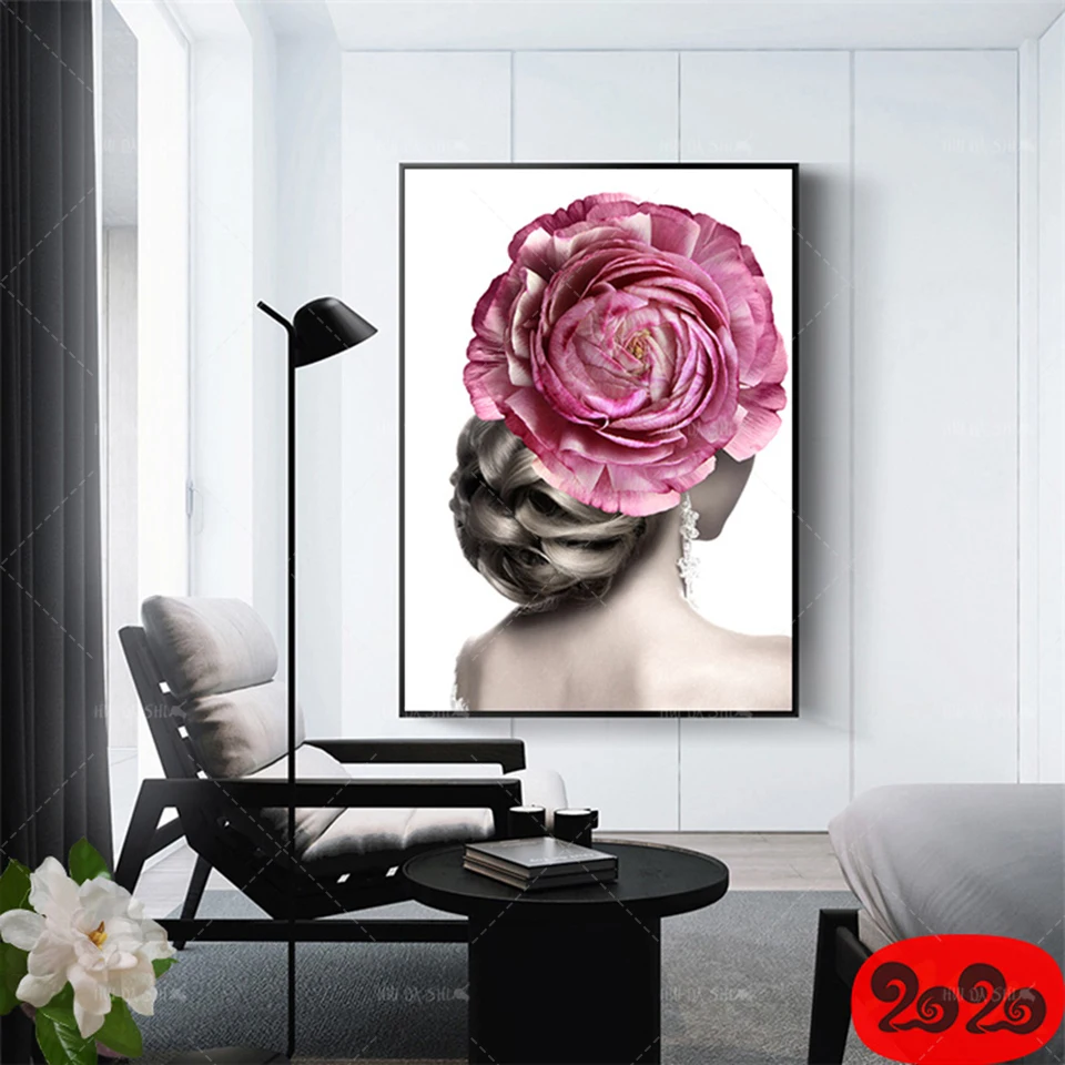 

Modern Fashion Flowers Creative Girl Canvas Print Painting Poster Wall Art Poster Wall Picture Frame Living Room Home Decoration