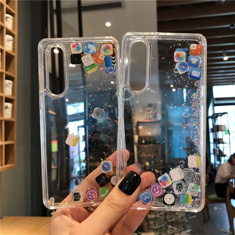 Quicksand Shell Cute APP Icon Coque For Huawei P20 P30 Pro Lite Nova 3 4 5 Honor V20 Liquid Hard PC Phone Case Transparent Cover |