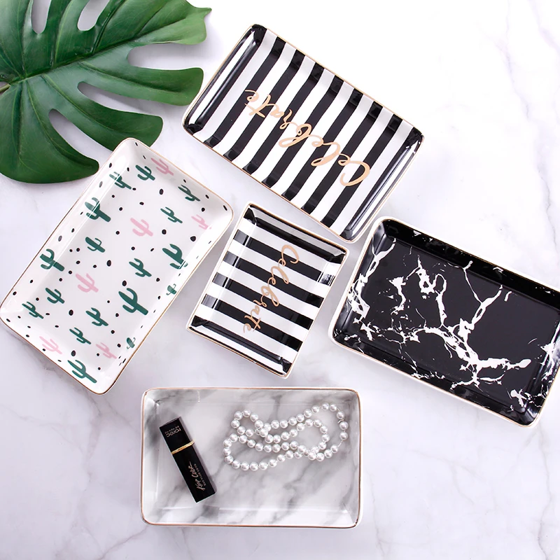 

Nordic Storage Trays Marble Pattern Ceramics Table Minimalist Dessert Jewelry Office Desktop Snack Dish Decoration Organizer