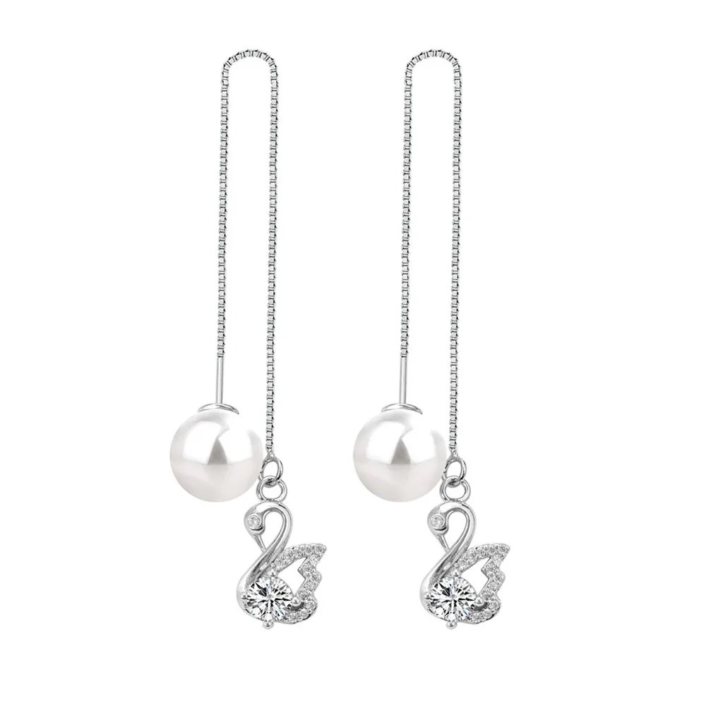 

Long Tassel Swan Earrings for Women Fashion White Gold Color Imitation Pearls Drop Earrings Female Wedding Bijoux Gifts