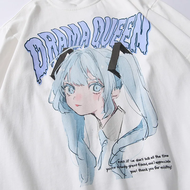 

JING ZHE Cartoon Anime T-shirt Men Green Hair Girl Printed O-Neck Japanese Harajuku Fashion Tops Men Clothing Streetwear Summer