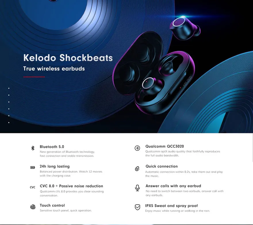 Kelodo TWS беспроводные наушники Bluetooth 5,0 QCC3020 Hi-Fi стерео гарнитура спортивные Bluetooth наушники с зарядным устройством