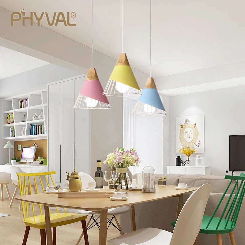 PHYVAL lámpara colgante Macaron colgante luces de madera para la habitación nórdica Luz de aluminio de bombillo LED para Tulipa moderno E27 Luz