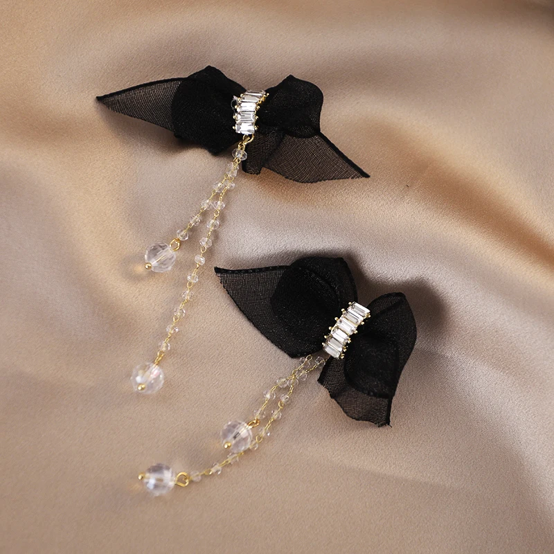 

Kshmir Snow gauze bow zircon earrings tassel beaded pendant earrings for ladies Fringe long earrings jewelry 2021