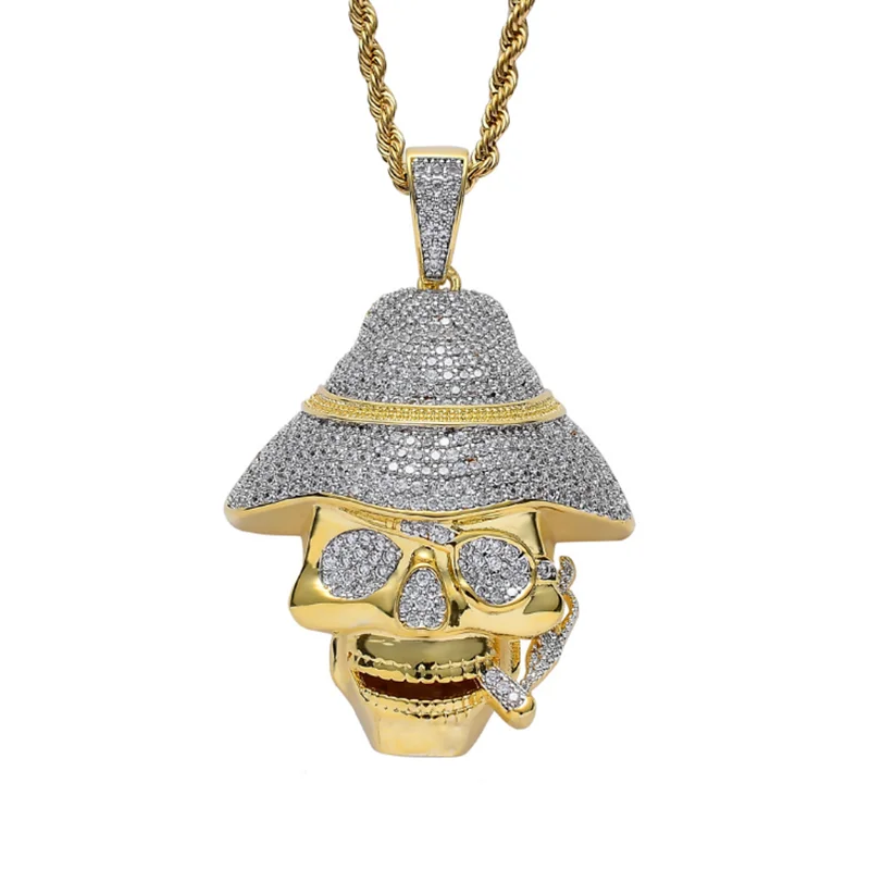 

Rhinestone Men Necklace Ice Out Cubic Zircon Skull Pendant Gold Color Hip Hop Charm Chain Jewelry
