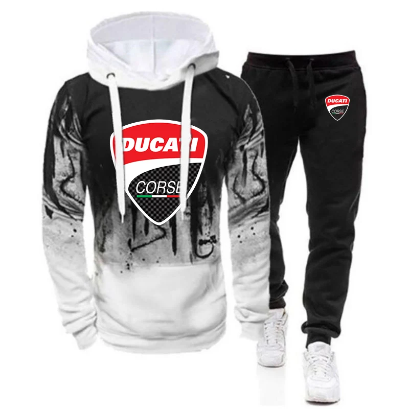 

2021 men Spring Autumn Ducati Printed 2 Piece Sets Tracksuit Hoodie + pants Pullover Hoodie Suit Sportwear Clothing