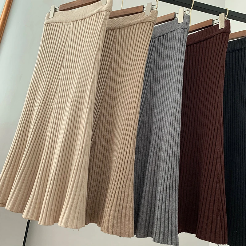

2020 New Women Solid A-Line Skirts Womens Maxi Pleated Skirts Casual Soft Kint Skirts Long Jupe Femme Saia Streetwear