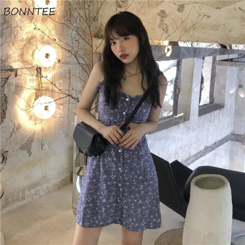 

Dress Women Fashion Elegant A-line Leisure Summer Spaghetti Strap Button V-neck All-match Holiday Korean Style Female Vestidos