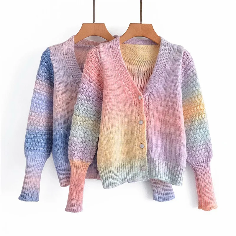 

Color Stitching Button Knitted Cardigan 2021 Autumn Women's New Sweet And Gentle Wind Gradient Lazy Wind Sweater