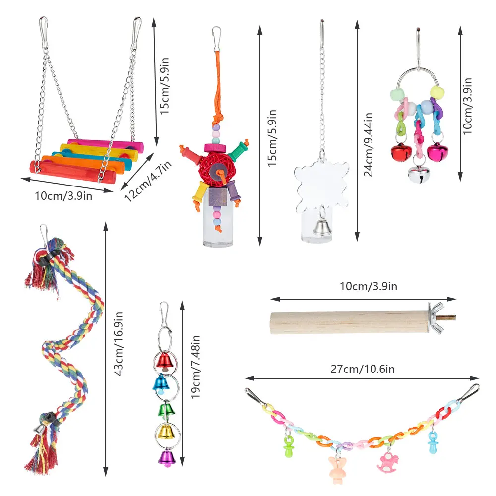 

8pcs Parrot Toys Colorful Bird Swing Hanging Chewing Toy Set Plastic Rope Stand Budgie Cockatiel Cage Set Bird Training Supplies