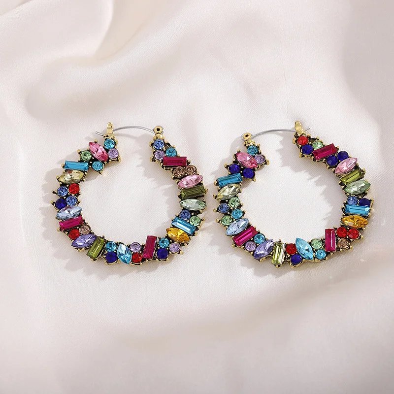 

New retro personality color gemstone earrings alloy luxury diamond-studded women's wedding earrings wholesale