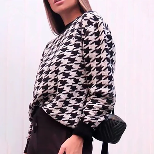 

Women Retro Khaki Knitted Sweater Casual Houndstooth Pullover Sweater 2020 Female Geometric Autumn Winter Jumpers Top Clothing