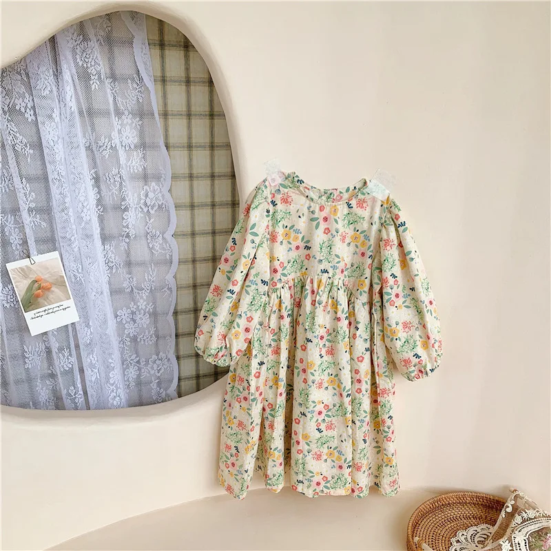 

2021 Girls clothes long sleeve floral pattern vintage style cotton kids dresses