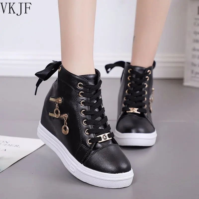 

Women Wedge Platform Rubber Brogue Leather Lace Up High heel 6 cm Shoes Pointed Toe Increasing Creepers White Sneakers Zipper 66