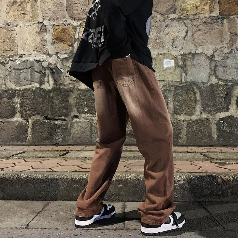 Brown Baggy Jeans Men Fashion Retro Casual Wide-leg Jeans Men Streetwear Loose Hip Hop Straight Denim Pants Mens Trousers M-2XL