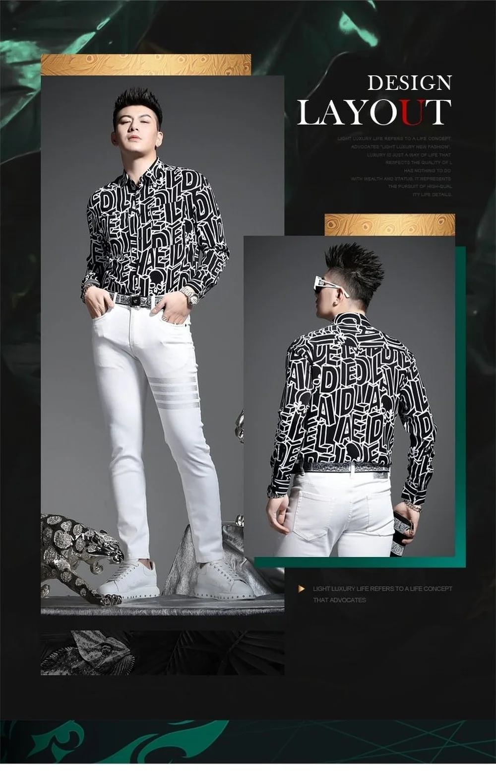 Black Light Luxury Slim Men's Long-sleeved Shirt, Spring and Autumn Digital Printing Casual Shirt Top Korean Clothes Black Shirt