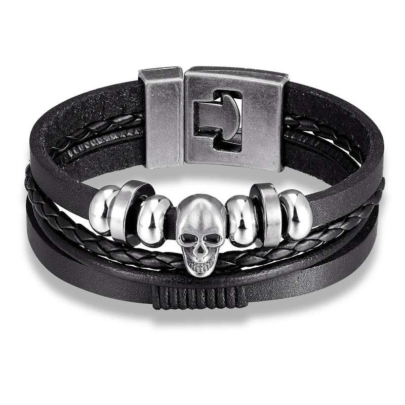 Skull YIZIZAI модный браслет из натуральной кожи, многослойный браслет с якорем, Мужской винтажный панк-рок женский сплав, бусины, украшения в морском стиле - Окраска металла: Skull