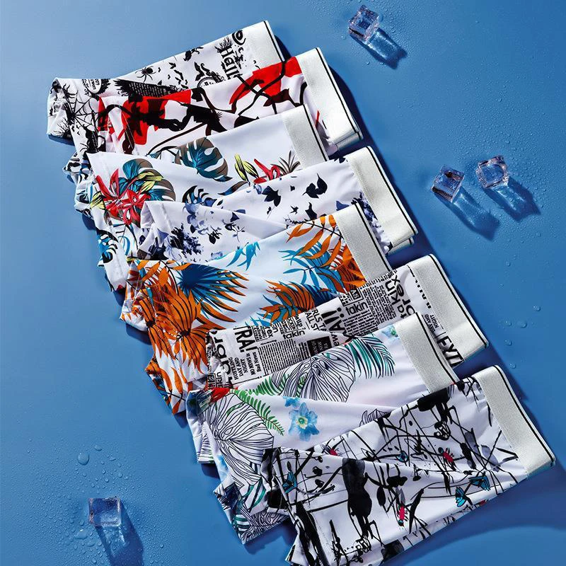 8 Pcs/Lot New Men's Ice Silk Underwear Instant Drying Breathable Large Size Men's Boxer Printing Ultra-Thin Men's Underwear
