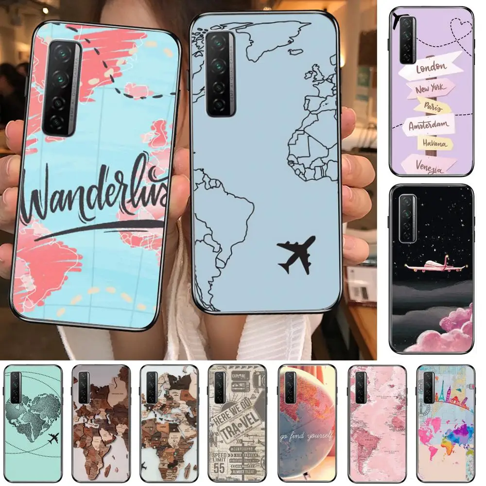 

Map tourist airplane Style Phone Case For Huawei mate 40 30 10 20 40 8 9 Lite Z Pro Black Etui 3D Coque Painting Hoesjes 5g bla