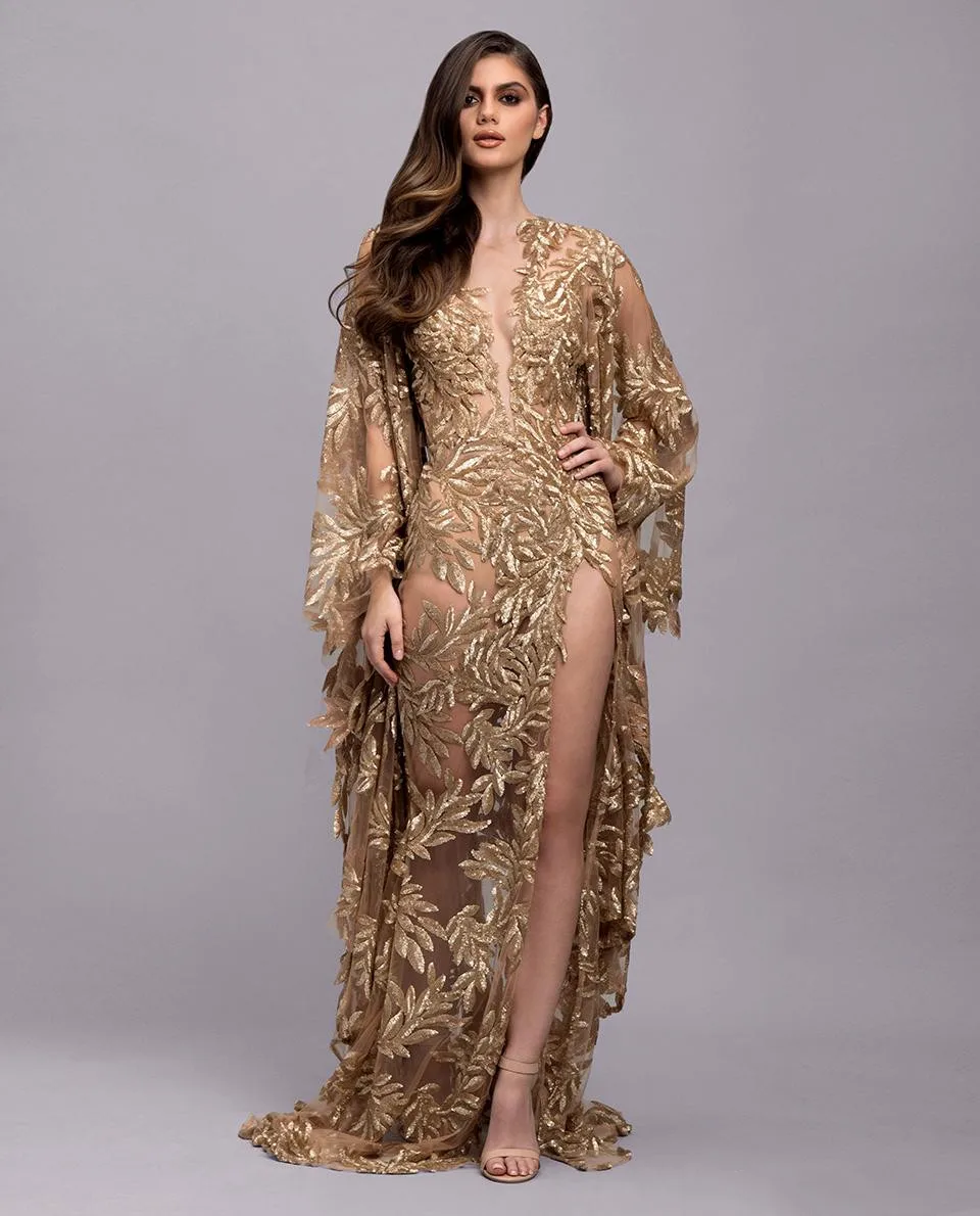 

2021 Arabic Gold Sexy Split Prom Dresses Luxury Beading Lace Appliqued Women Plus Size Formal Evening Gowns