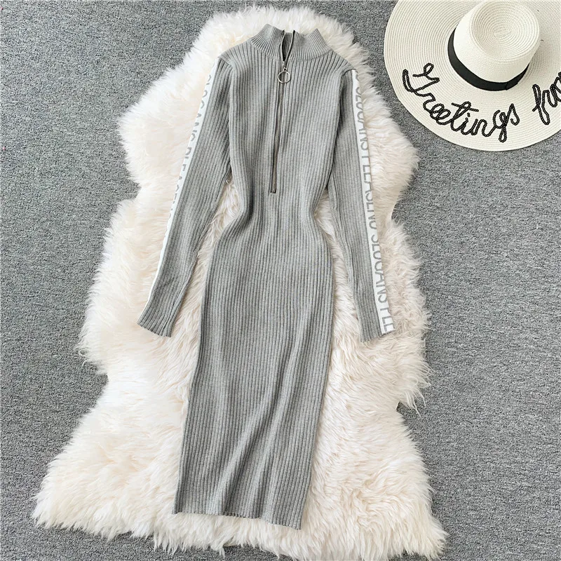 Gray Long Sleeve YuooMuoo женское стрейчевое облегающее платье Ins Горячая молния дизайн осеннее трикотажное платье midi зимнее модное черное платье Vestidos - Цвет: Gray Long Sleeve