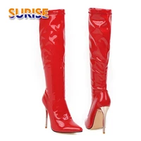 big size women knee high boots red black white patent leather stiletto heel pointed toe winter plush sexy lady zipper long boots