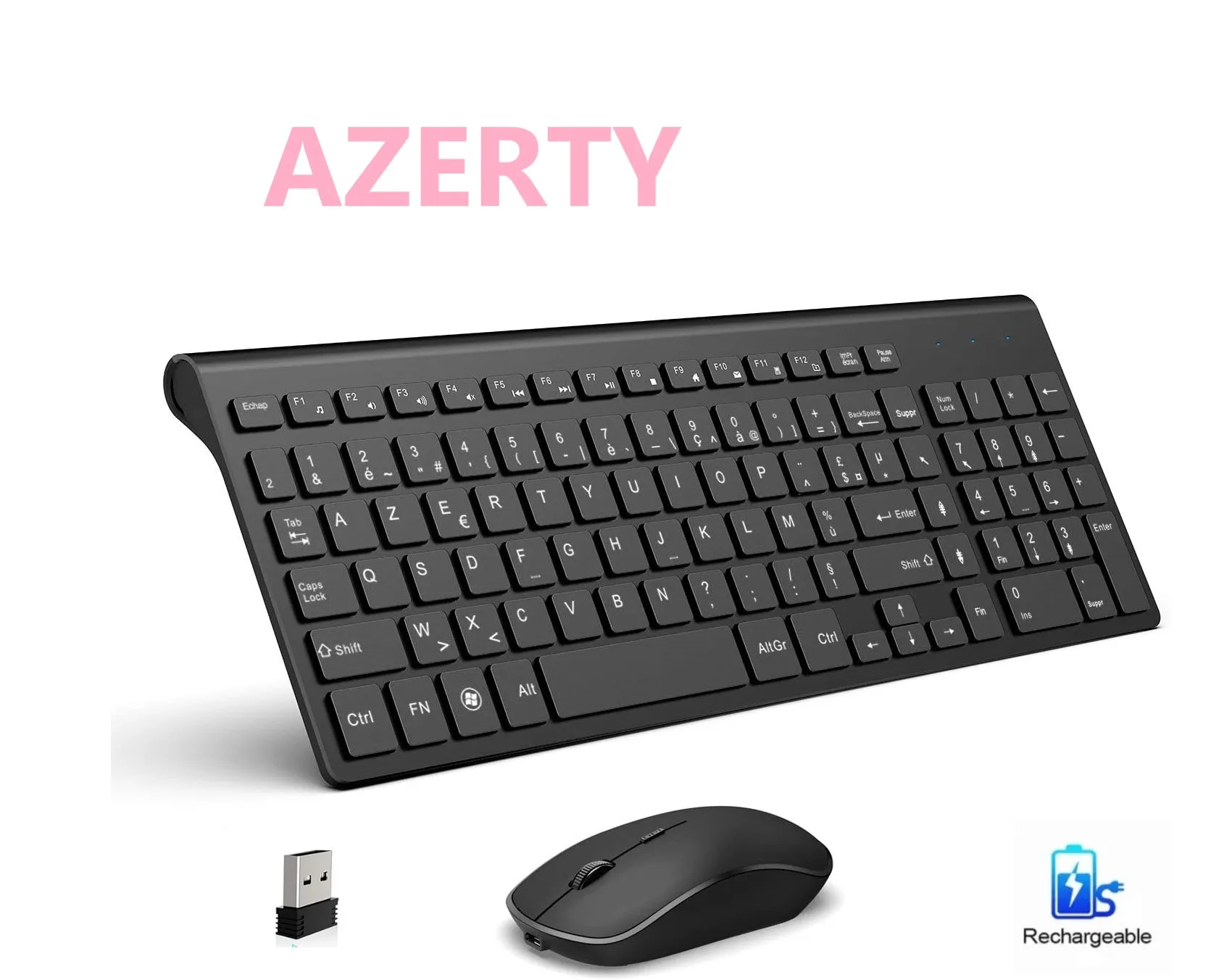 Teclado sem Fio Francês do Rato e do Teclado Recarregável de Azerty Apropriado para o pc Teclado Ergonômico Computador Portátil tv Combination.2.4g. –