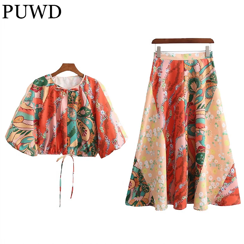 

PUWD Casual Women Flower Print High Waist Lantern Sleeve Skirt Suit 2022 Spring Fashion Ladies Two Piece Sets Female Chic Suits