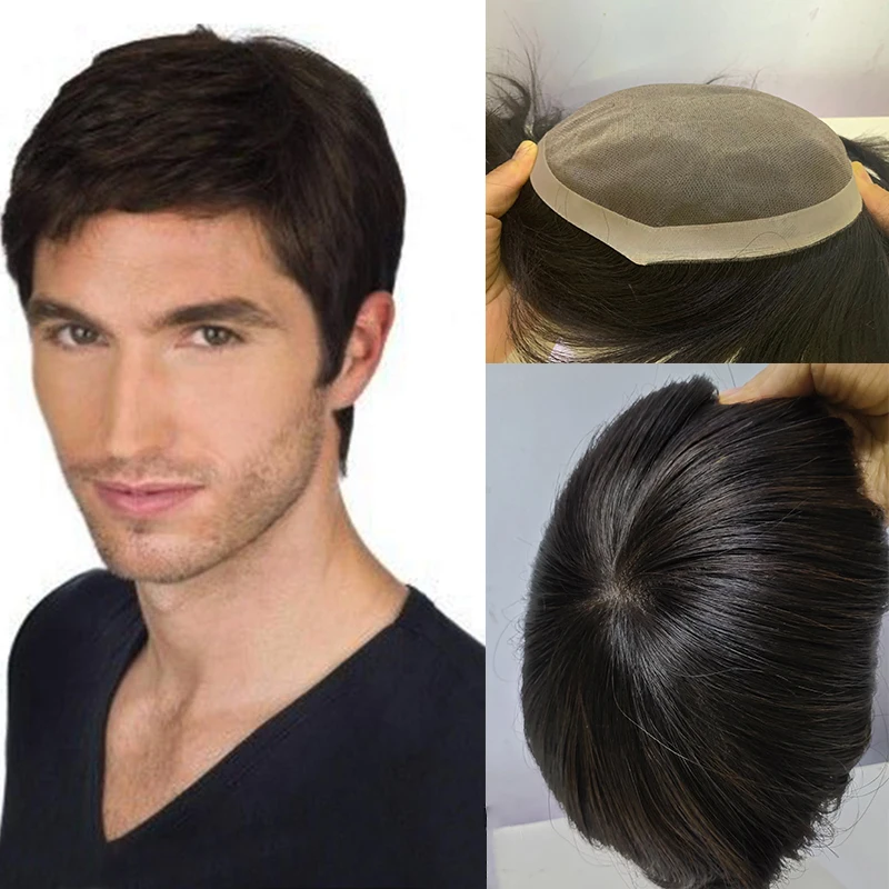 Men's Wig Fine Mono Transparent PU Men Toupee Men's Hair Pieces Unit Hair Replacement System Natural Black Color 8x10inch