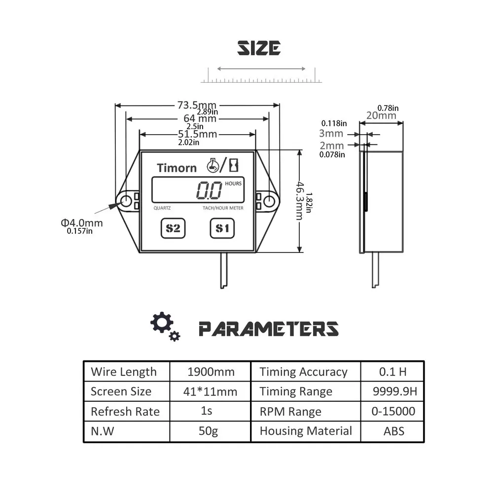 

Gasoline Engine Waterproof Sensor Tachometer Replaceable Battery Timer With Cable Electronic Tachometer