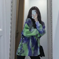 lazy wind vintage tie dye print long sleeve women t shirts winter korean fashion all match loose novelty oversized pulovers tops