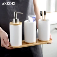 Ceramic Bamboo Bathroom Toilet Kitchen Accessories Sets Decoration Soap Shampoo Dispenser Toothbrush Box Mouthwash Cup Organizer