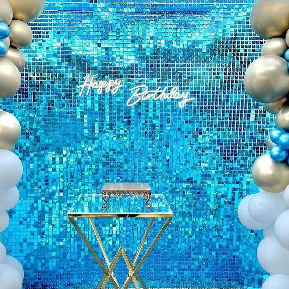 

Light Blue Mirror Square Shimmer Wall Sequin Background Wind Active panel backdrop Gender Reveal Baby Shower Boy Birthday Party