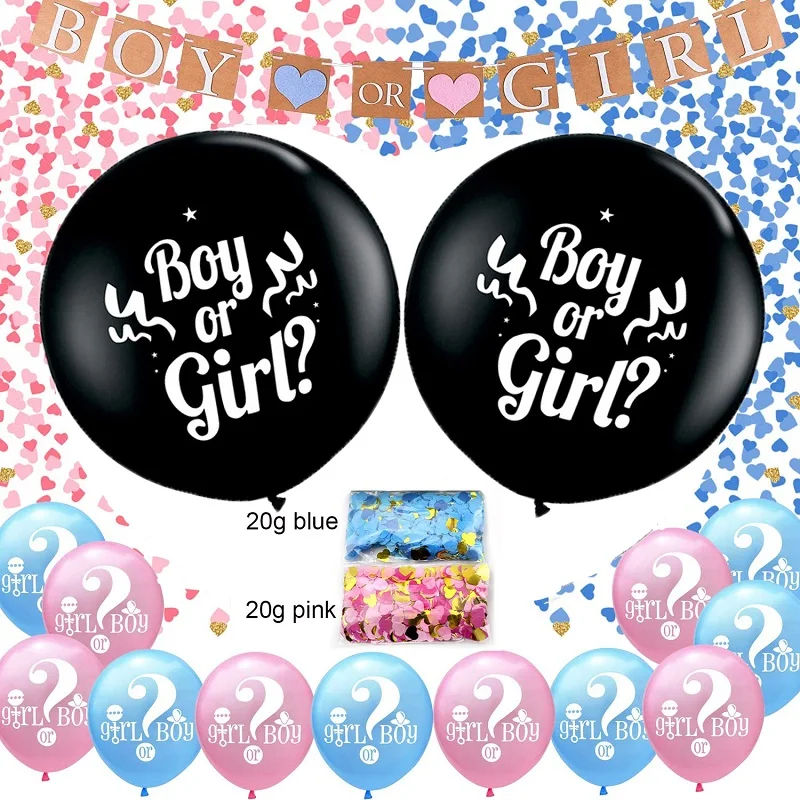 

17 pcs Gender Reveal Baby Shower Party Decorations With 36" Black Confetti Balloon Blue Pink Boy or Girl Balloons and Banner set