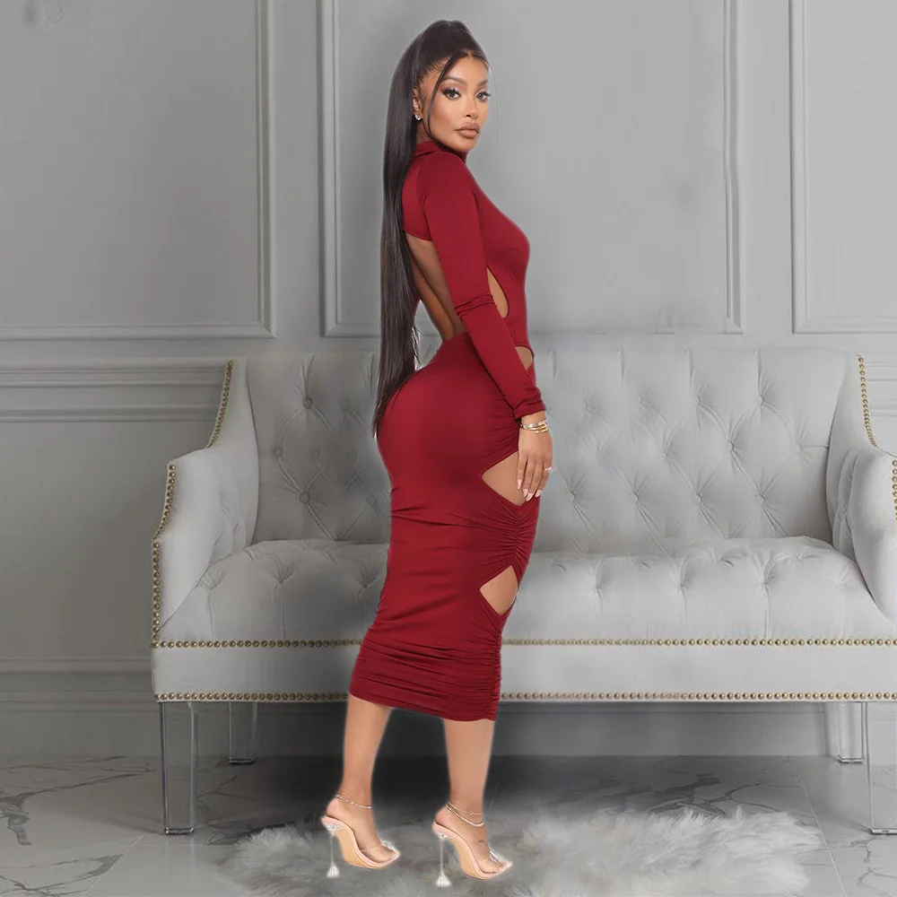 

Sexy Maxi Dress Women Spring High Neck Long Sleeve Open Back Diamond Hollow Out Streetwear Skinny Slim Bodycon Vestido Female