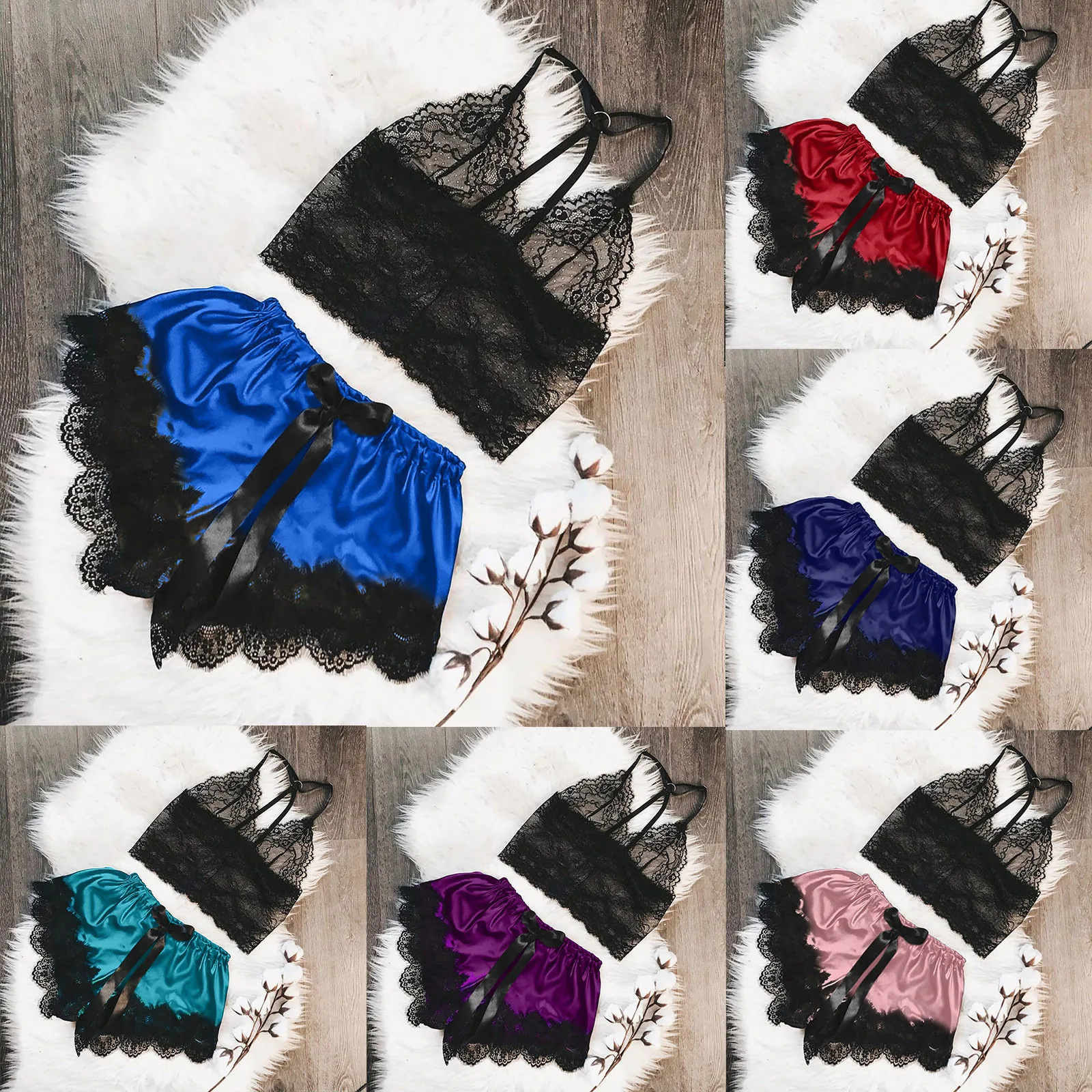 Лидер продаж, кружевной пижамный комплект из пятен, Женская домашняя одежда, комплект ночной рубашки, черный топ, короткие брюки, летний нар...