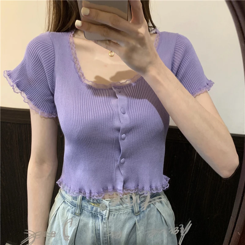 

Summer Knitted T-Shirt Women New Fashion Lace Breasted U Neck Short Tops Female Slim Thin Temperament Short Sleeve Tee T Shirts