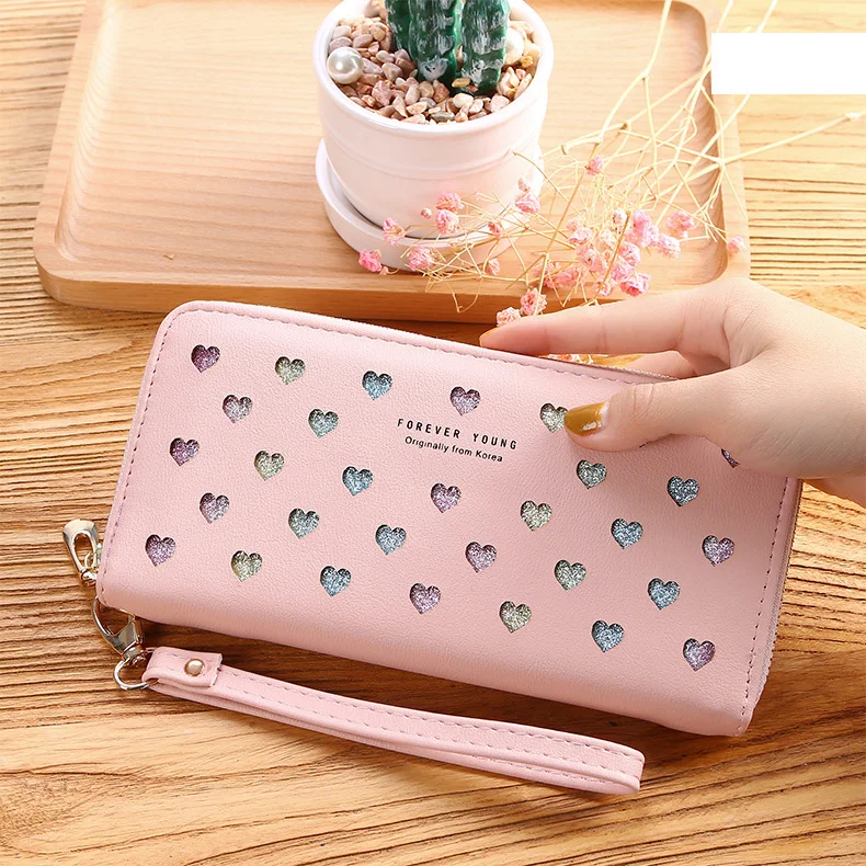 

Fashion heart Leather money bag for Women Long clutch Wallet coin purse lady zipper wristlet handbag female passport card Holder