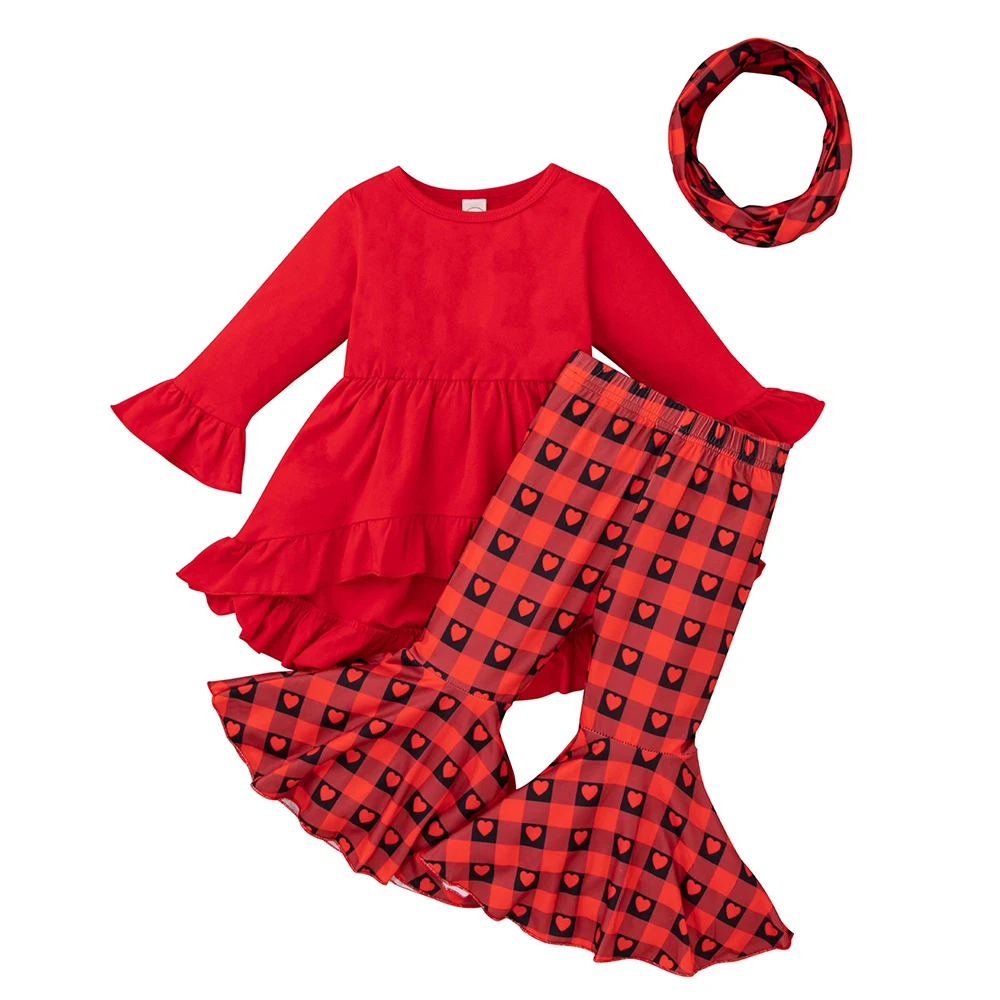 

Fashion Kids Girls Round Neck Cotton Pullover Geometric Heart Printing Long Sleeve Ruffle Flare Long Pant Headhand 3Pcs Set