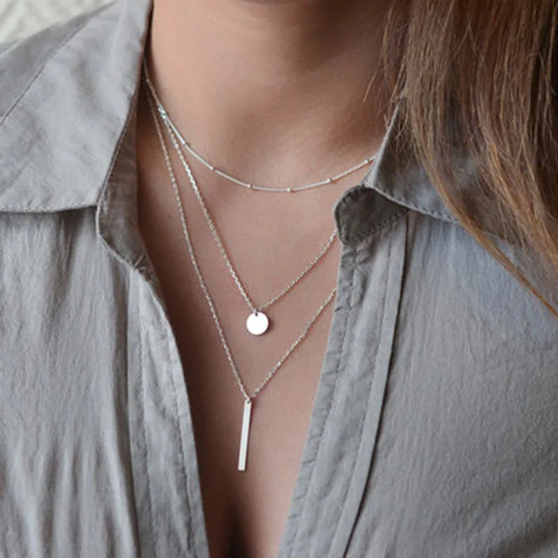 NEW 925 Sterling Silver Simple Three Layer Necklace Shiny Long Bar Pendant Women Wedding Gifts Exquisite Accessories