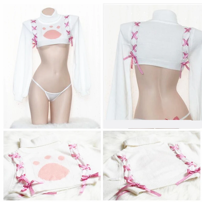 Кот коготь узор Kawaii Девушка Топ и трусики эротическое искушение нижнее белье костюм косплей для женщин Porno Lenceria