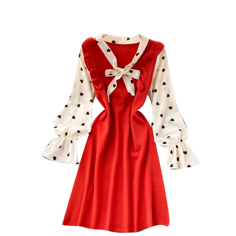 

Women French Splice Knitted Dress Sweet Bow V Neck Love Print Puff Sleeve Dresses Autumn A-line Streetwear Short Dress