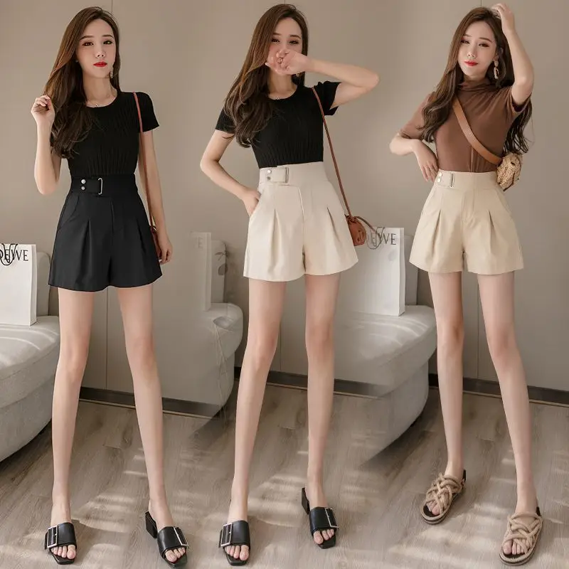 

Women 2021 Summer Shorts Casual High Waist A-line Shorts Female Loose Wide Leg Suit Shorts Chic Lady Fashion Solid Shorts R115