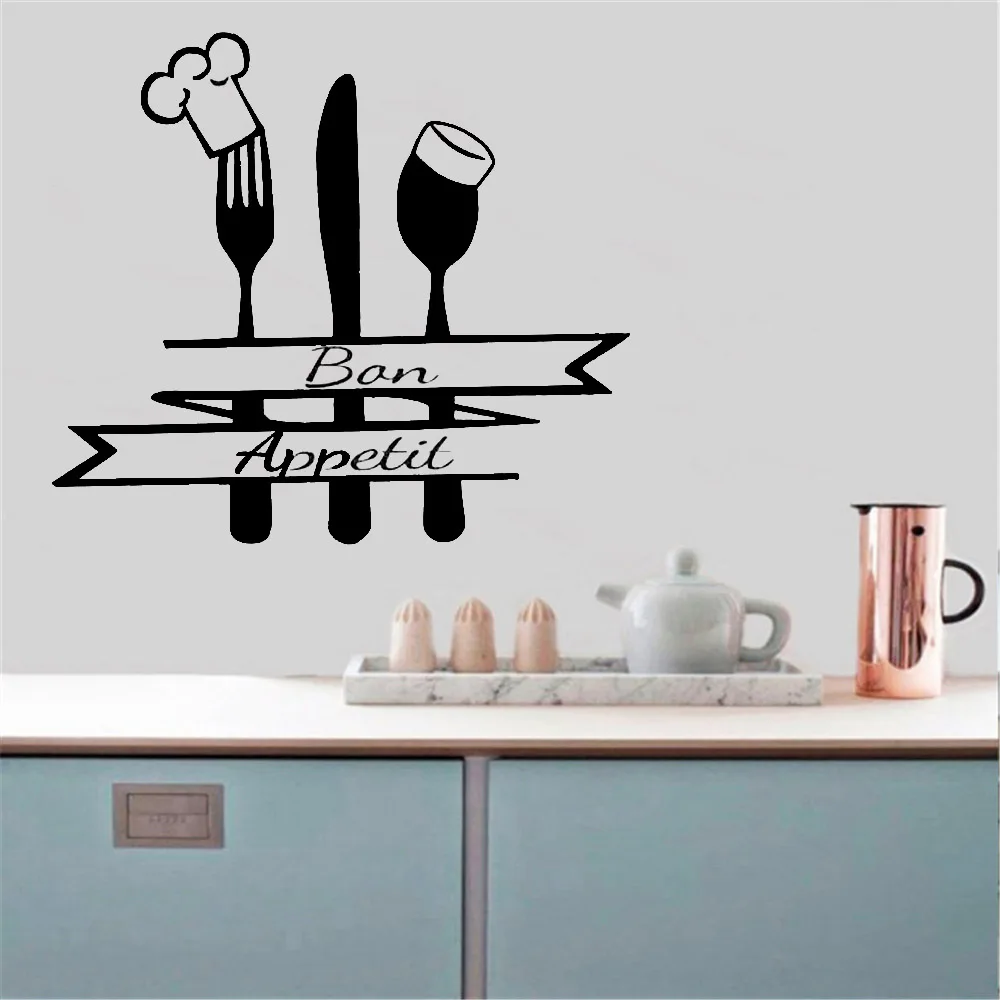 

French Quote Kitchen Wall Decal Bon Appetit Sign Fork Spoon With Chef Head Vinyl Sticker Home Decor Dining Room Waterproof