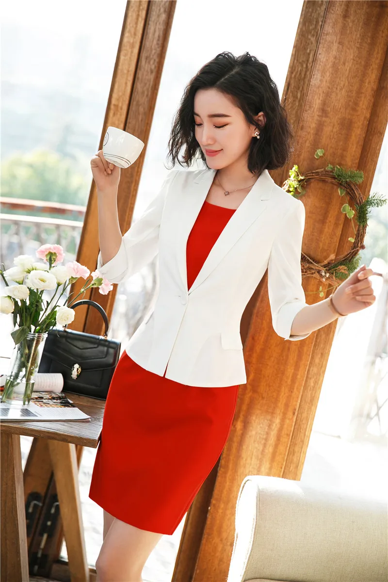 

Модные Белые весенне-летние блейзеры с курткой и платьем для офиса, Женская Деловая одежда для работы, женские комплекты униформы