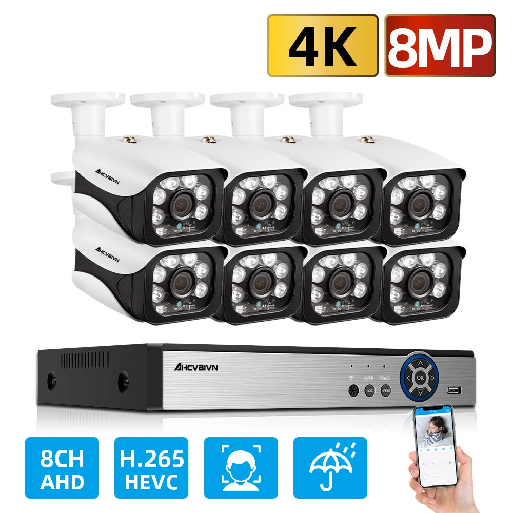 

AHCVBIVN Video Surveillance Kit 8MP HD Outdoor CCTV System 8CH 4K DVR 8Pcs AHD Waterproof Camera Video Surveillance System Set
