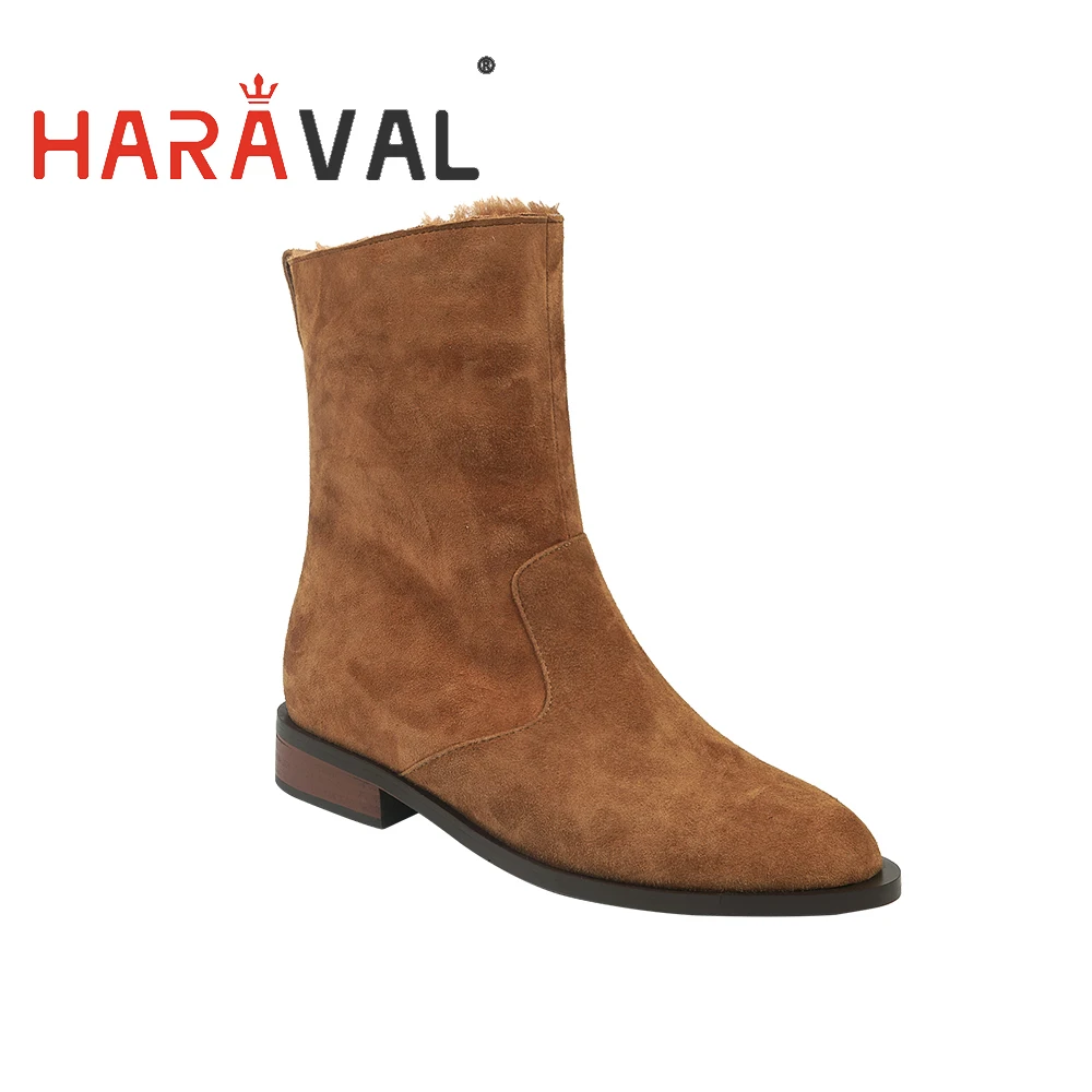 

HARAVAL Women Brown Suede Ankle Boots Flat Leather Slip-On Shoes High Quality Elegant Snow Boots Velvet Lining For Lady E156L
