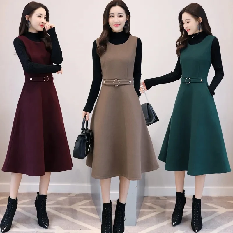 

Женский шерстяной костюм-двойка, элегантный корейский офисный костюм из свитера с высоким воротником и платья-трапеции на бретелях, Осень-з...